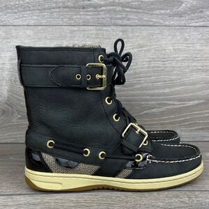 Sperry Top Sider Huntley Women’s Sz 5.5M Black Leather Gold Boat Deck Boots